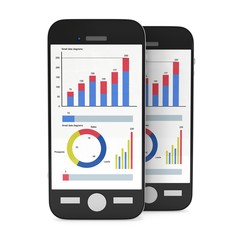 Small Data on Smartphone. Phones with bar graph charts and pie diagram. 3d render isolated on white.