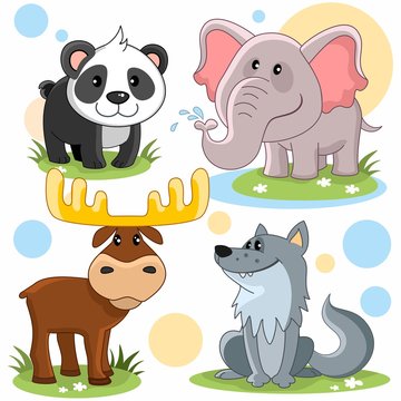 Мультяшный набор векторных картинок с дикими животными для детей. Изображение панды, слона, лося и волка.