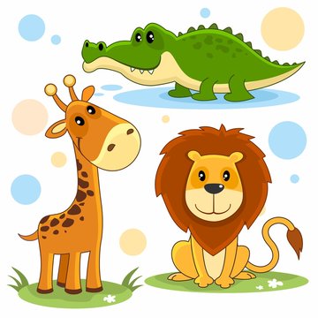 Мультяшный набор векторных картинок с дикими животными для детей. Изображение крокодила, жирафа и льва.