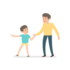 Obraz na płótnie Canvas happy father and son holding hands while walking together, vector character illustration.