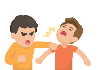 Two young men fighting angry and shouting at each other, Vector cartoon illustration.