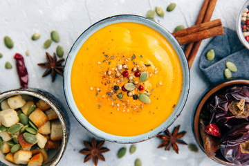 Soup with sweet potatoes, carrots, pumpkin. Flat lay, top view