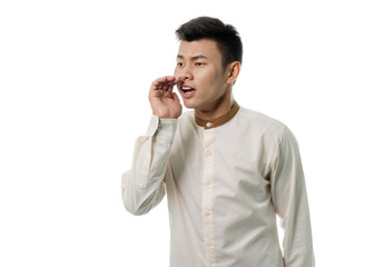 Handsome asian reception man are yelling portrait studio on white background