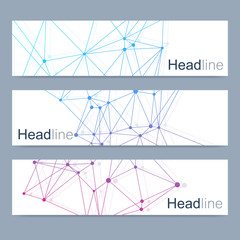 Scientific set of modern vector banners. DNA molecule structure with connected lines and dots. Science vector background. Medical, tecnology, chemistry design.
