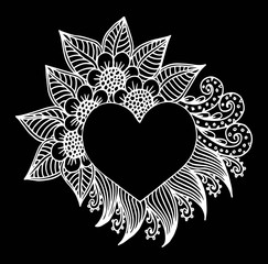 Decorative love frame composition with hearts, flowers, ornate elements in doodle style. Floral, ornate, decorative, tribal design elements. Black and white background. Zentangle coloring book page
