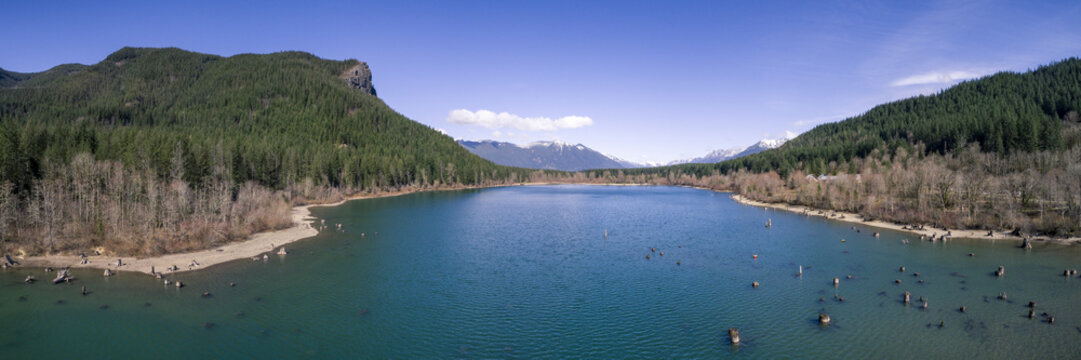 Aerial Panorama of Rattlesnake Lake with Ledge and Mt Si Background