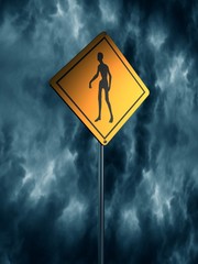 Warning yellow road sign. Zombie silhouette. Storm clouds on backdrop. 3D rendering