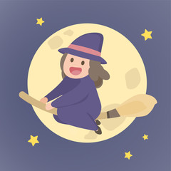 Cute witch girl flying on a broom, Cartoon Halloween holiday, vector illustration on a night background.