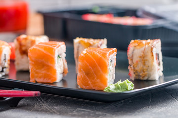 Set of salmon eel sushi rolls