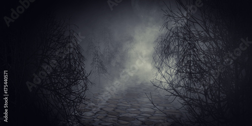 Jack O' lantern or halloween pumpkin in spooky dark forest.3d rendering.