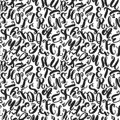 Hand drawn alphabet monochrome black and white letters seamless pattern. Ink sketch texture and background.