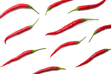red hot chili peppers isolated on white background top view