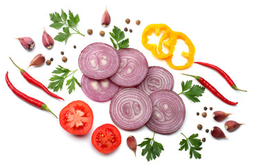 sliced red onion with parsley, garlic and spices isolated on white background top view