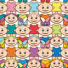 Seamless Background with Happy Cartoon Children, Funny Little Boys and Girls in Bright Clothes, Standing with Arms Wide Open and Smiling, Tile Pattern for your Design. Vector