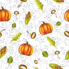 Vector and illustration seamless pattern of autumn harvest, mushroom, pumpkin, sweet corn, fallen leaves with vintage branched background