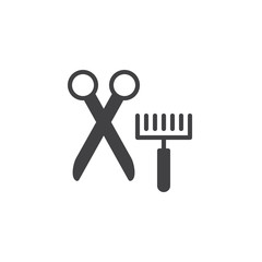 Pet grooming brush and scissors icon vector, filled flat sign, solid pictogram isolated on white. Symbol, logo illustration.