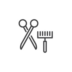 Pet grooming brush and scissors line icon, outline vector sign, linear style pictogram isolated on white. Symbol, logo illustration. Editable stroke
