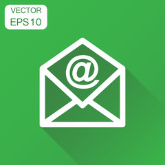 Mail envelope icon. Business concept email pictogram. Vector illustration on green background with long shadow.