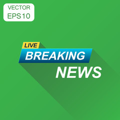 Breaking news icon. Business concept news pictogram. Vector illustration on green background with long shadow.