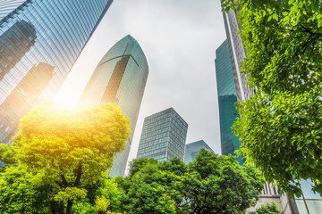Naklejka na ściany i meble modern office building with green trees