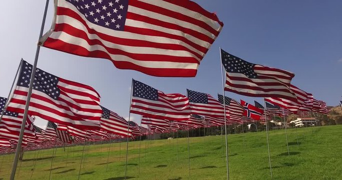 Set of American flags fluttering in the wind on the Memorial Day. Los Angeles, California, USA.