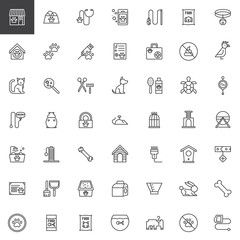 Pet shop accessories line icons set, outline vector symbol collection, linear style pictogram pack. Signs, logo illustration. Set includes icons as toy, animal, dog, aquarium, cat, hamster, veterinary