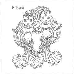vector hand drawing illustration of the Pisces zodiac sign. Coloring book page for adults, kids. May be used as a print for your T-shirt design.