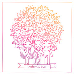 vector hand drawing color illustration of a biblical scene with Adam and Eve. Concept for invitation, card, poster, emblem, T- shirt design.