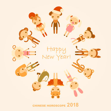vector cartoon New Year's card with signs of the Chinese horoscope