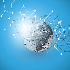 Cloud Computing and Networks Concept with Earth Globe - Global Digital Network Connections, Technology Background, Creative Design Template with Transparent Geometric Wire Mesh