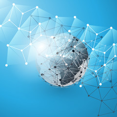 Cloud Computing and Networks Concept with Earth Globe - Global Digital Network Connections, Technology Background, Creative Design Template with Transparent Geometric Wire Mesh