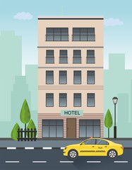 Vector hotel building and taxi service illustration in flat design.