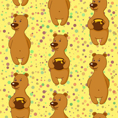 Seamless Holiday Background, Teddy Bears with Honey Pots. Tile Pattern with Funny Cartoon Characters. Vector