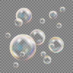 Transparent Soap Bubbles Vector. Colorful Falling Soap Bubbles. Isolated Illustration - obrazy, fototapety, plakaty