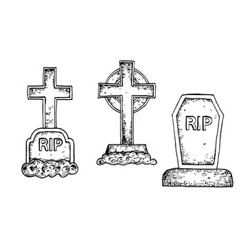 Graves with a tombstone and cross, scary Halloween sketch illustration. Vector