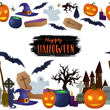 Seamless horizontal borders of Halloween icons for decoration. Colorful scary Halloween illustration. Vector