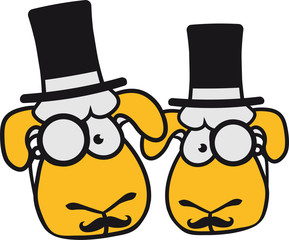 freunde 2 paar team gesicht kopf sir herr gentlemen zylinder hut mustache schnurrbart reich monokel brille lustig klein süß niedlich comic cartoon schaf ziege wolle bauer bock müde cool