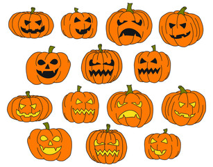 Set of spooky horror vector images of halloween pumpkins. Scary hand drawn illustrations in a flat style with different carved facial expressions.