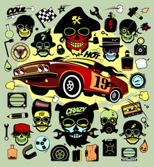Set of icons and symbols with race car, hipsers, music symbols