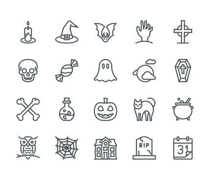 Halloween Icons, Monoline concept. The icons were created on a 48x48 pixel aligned, perfect grid providing a clean and crisp appearance. Adjustable stroke weight.