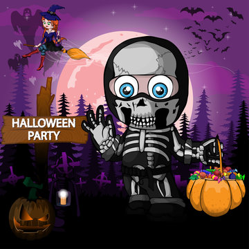 Halloween Party Design template with a boy in a suit skeleton