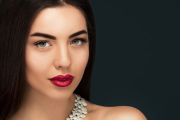 Close up Elegant woman fashion portrait, Sensual red lips,Holiday make up, Attractive brunette...