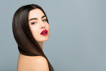 Hair and make up, Beuty portrait girl sensual red lips,copy space border,Hairdresser salon