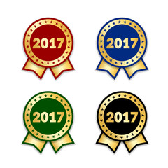 Ribbons award best product of year 2017 set. Gold ribbon award icon isolated white background. Best product golden label for prize, badge, medal, guarantee quality product Vector illustration