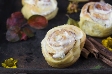 fresh pumpkin cinnabon buns with cinnamon and frosting