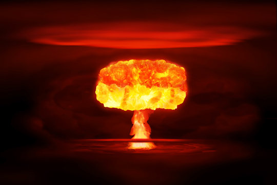 Atomic bomb realistic explosion, red color with smoke on black background