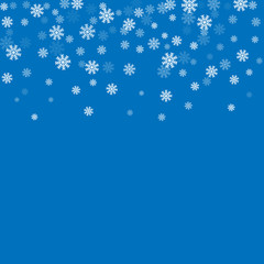 Christmas winter blue background with Christmas falling snowflakes. White elegant snowfall Christmas background. Happy New Year card design for holiday, winter Xmas decoration Vector illustration