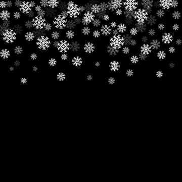 Christmas winter black background with Christmas falling snowflakes. White elegant snowfall Christmas background. Happy New Year card design for holiday, winter Xmas decoration Vector illustration