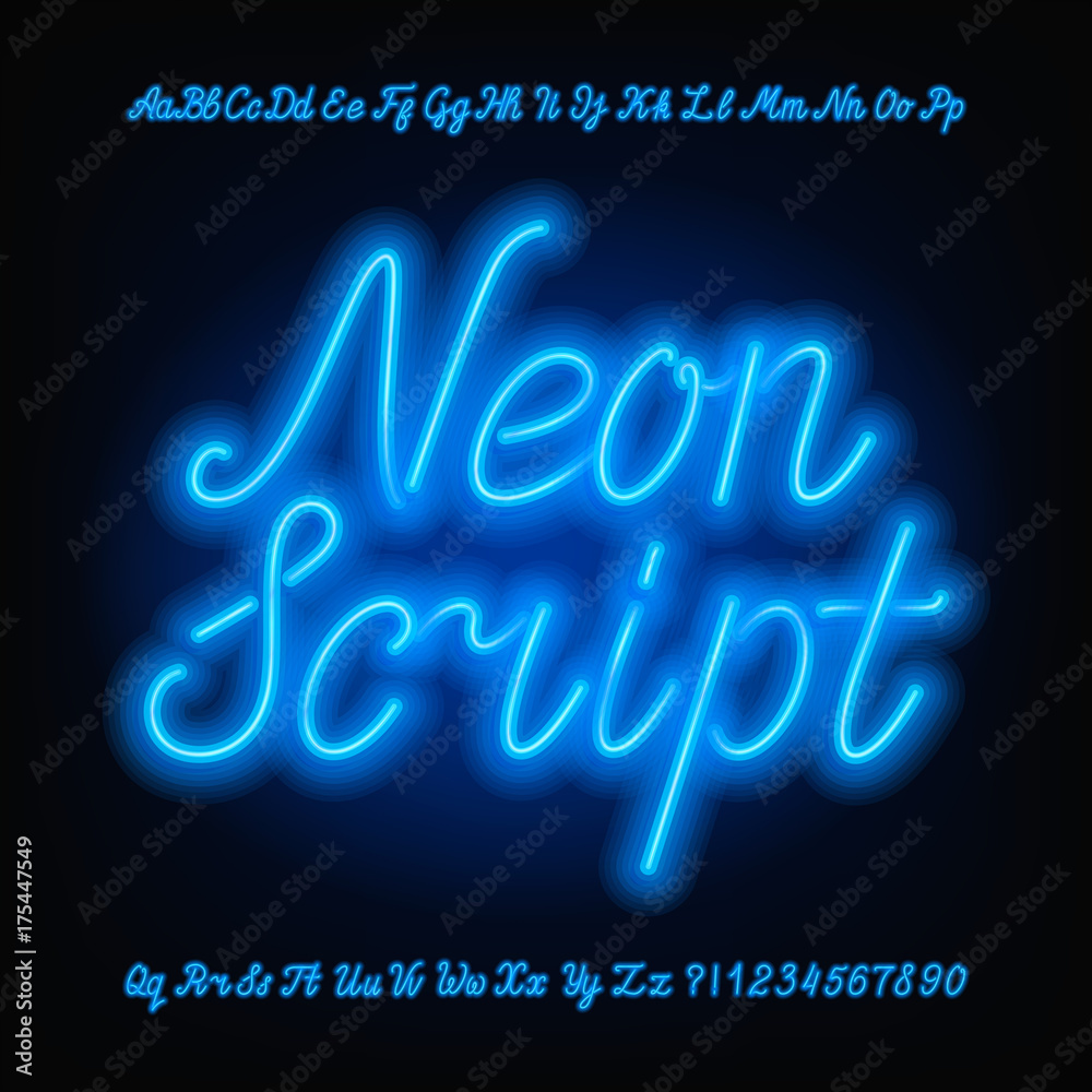 Fototapete neon script alphabet font. blue neon uppercase and lowercase letters and numbers. hand drawn vector 