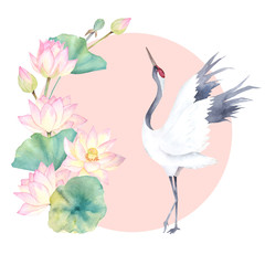 Naklejka premium Watercolor crane with flower lotus. Japanese design. Hand drawn illustration